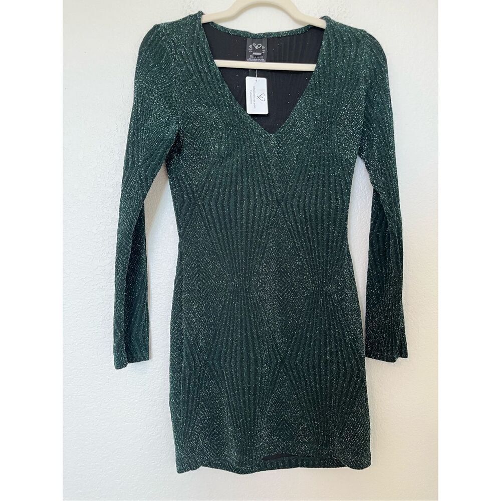 Glitzy Moment Glitter Knit Mini Dress Hunter Green NEW